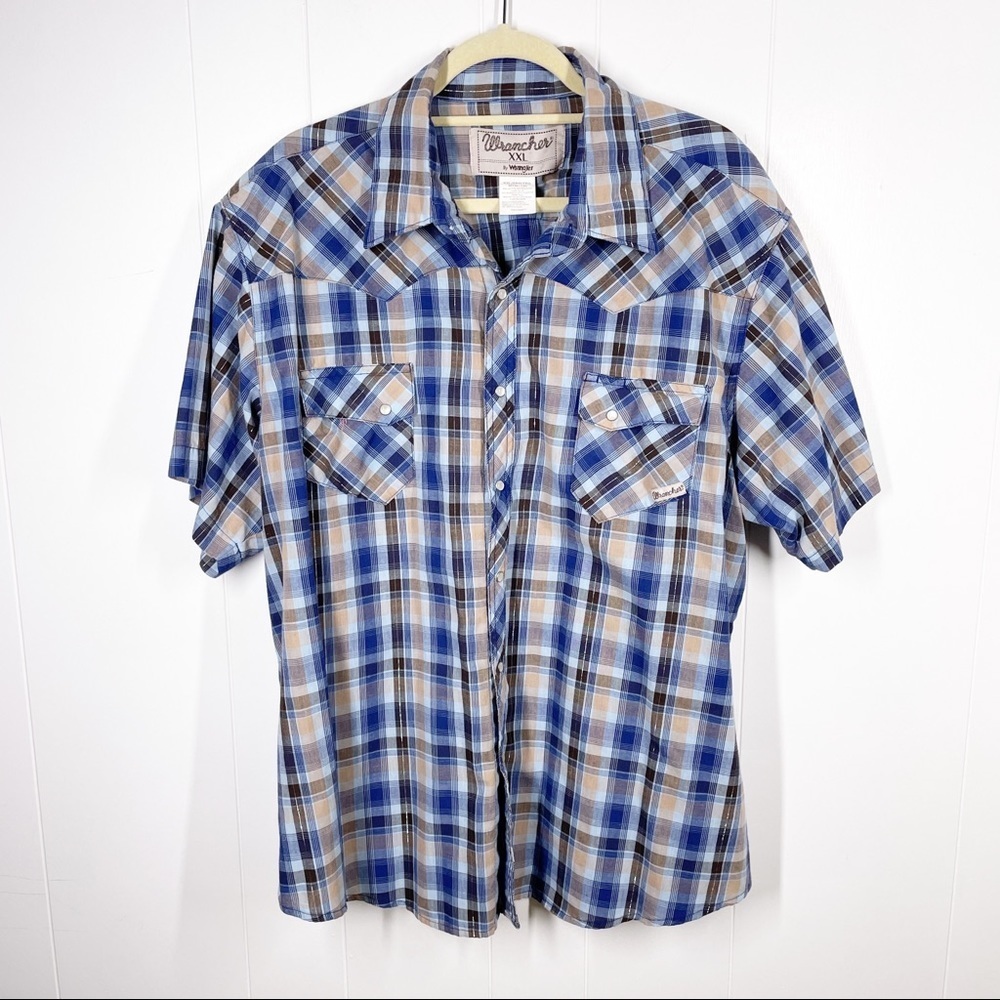 Wrancher by Wrangler Blue Plaid Pearl Snap Short Sleeve Shirt XXL